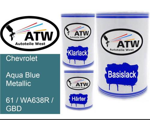 Chevrolet, Aqua Blue Metallic, 61 / WA638R / GBD: 500ml Lackdose + 500ml Klarlack + 250ml Härter - Set, von ATW Autoteile West.